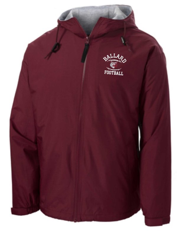 A maroon hooded Ballard Football Team Jacket JP56 with a "ballard football" logo on the left chest, featuring a front zipper and drawstrings.