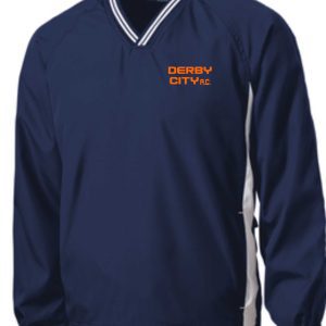 Navy blue Derby City AC pullover jacket with "derby city ac" logo on the front, featuring a white and grey stripe on the sleeve and a v-neck collar.