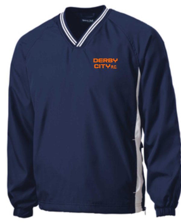 Navy blue Derby City AC pullover jacket with "derby city ac" logo on the front, featuring a white and grey stripe on the sleeve and a v-neck collar.