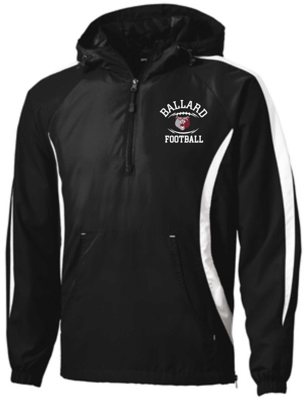 Black and white hooded sports jacket with Ballard Football Zippered Raglan Anorak JST63 logo on the chest, featuring side pockets and a zippered front.