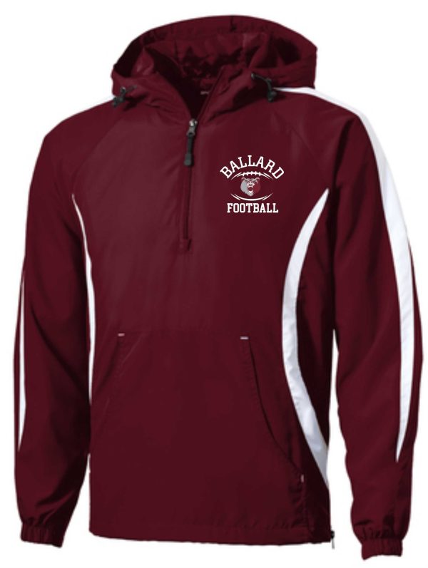 A maroon and white Ballard Football Zippered Raglan Anorak JST63 with "ballard football" logo on the left chest.