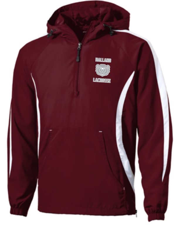 Maroon and white hooded sports jacket with a zip front, featuring "Ballard Lacrosse Zippered Anorak Raglan Anorak JST63" logo on the left chest area.