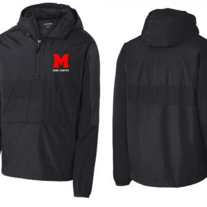 Black hooded jacket with a red "m" and "Manual Cross Country" text on the left chest, displayed from the front and back.