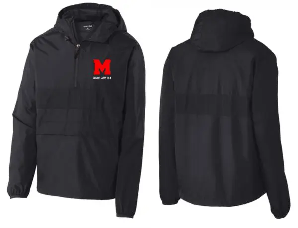 Black hooded jacket with a red "m" and "Manual Cross Country" text on the left chest, displayed from the front and back.