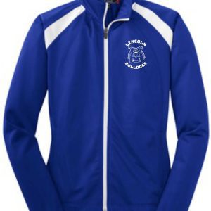 Blue and white track jacket with logo.