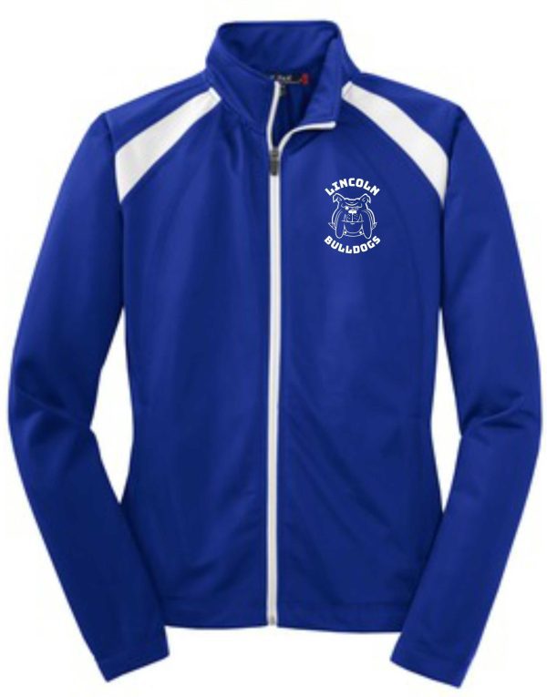 Blue and white track jacket with logo.