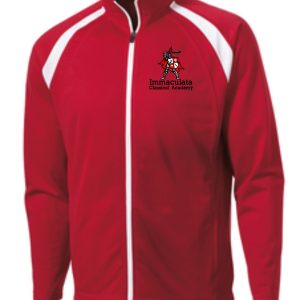 Red and white Immaculata Tricot jacket JST90 with a zip front and the immaculata classical academy logo on the left chest.