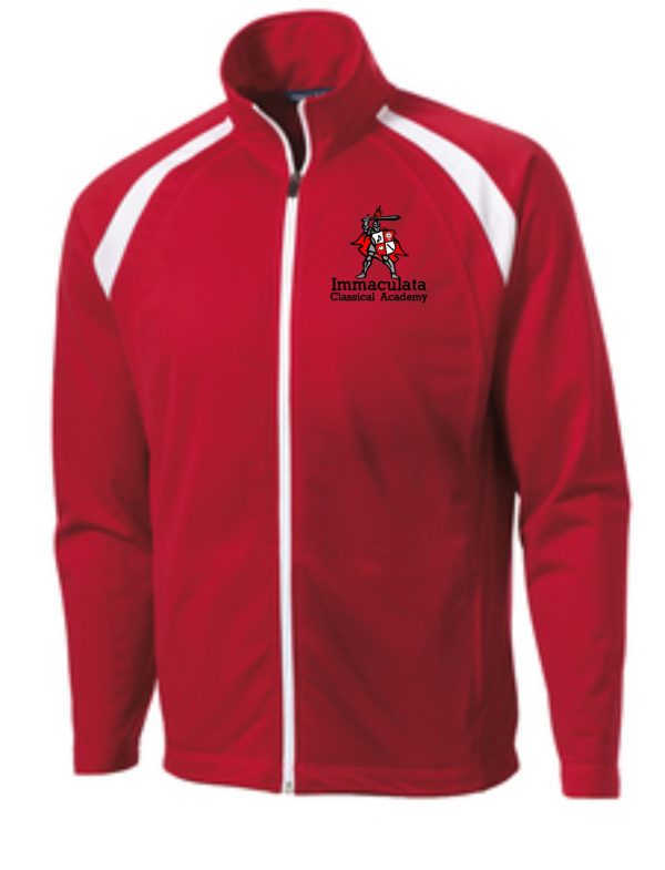 Red and white Immaculata Tricot jacket JST90 with a zip front and the immaculata classical academy logo on the left chest.