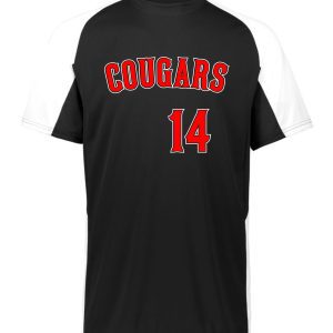 Black and white jersey with red Cougars 14.