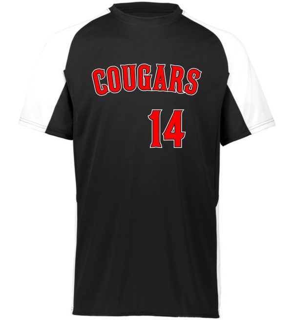 Black and white jersey with red Cougars 14.