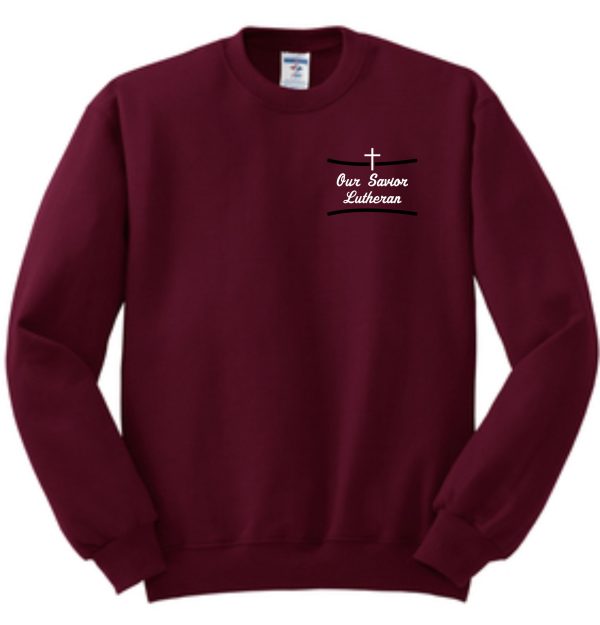 OSLS embroidered maroon school sweatshirt 562 with "our savior lutheran" and a cross symbol printed in white on the chest.