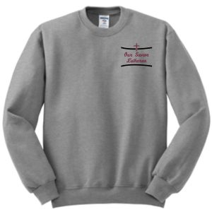 OSLS embroidered Athletic Heather gray school sweatshirt 562 with "our savior lutheran" and a cross logo embroidered on the chest.