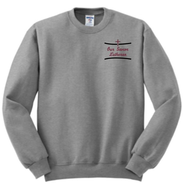 OSLS embroidered Athletic Heather gray school sweatshirt 562 with "our savior lutheran" and a cross logo embroidered on the chest.