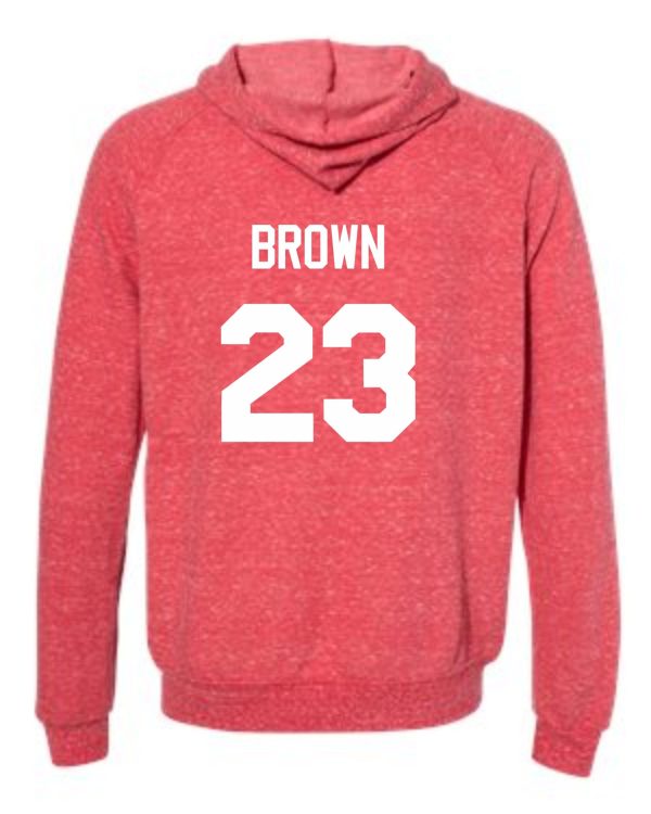 Red hoodie with Brown and number 23.