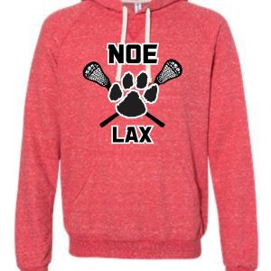 Red hoodie with lacrosse paw print logo.