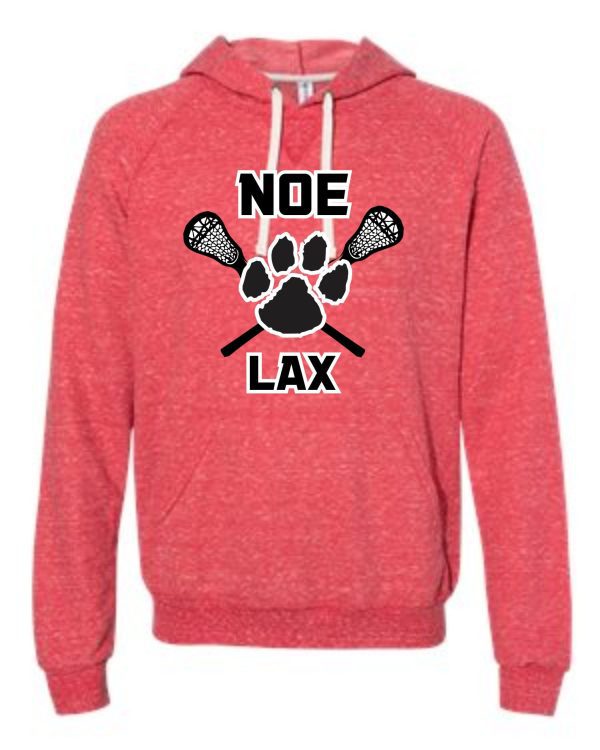 Red hoodie with lacrosse paw print logo.