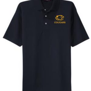 A navy blue St Francis Men's Moisture wicking polo K469 with a button placket, featuring a "cougars" logo with a yellow cougar graphic on the right chest.