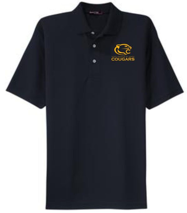 A navy blue St Francis Men's Moisture wicking polo K469 with a button placket, featuring a "cougars" logo with a yellow cougar graphic on the right chest.