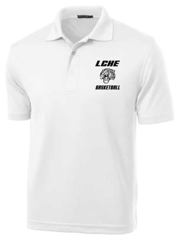 White polo shirt with a “Male Softball Mens Moisture wicking polo K469” logo featuring a stylized basketball and eagle design on the left chest area.