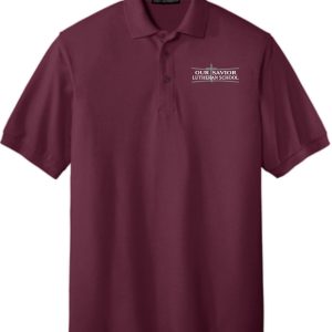 Dark red OSLS embroidered maroon school polo K500 with "our savior lutheran school" embroidered on the left chest area.