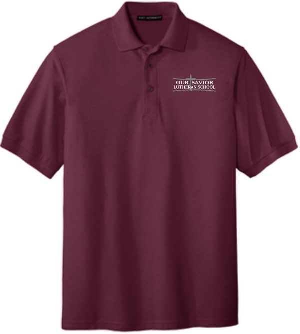 Dark red OSLS embroidered maroon school polo K500 with "our savior lutheran school" embroidered on the left chest area.