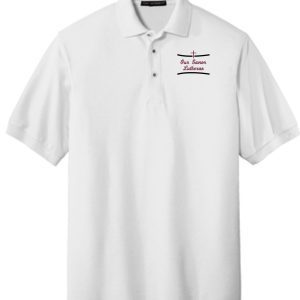 OSLS embroidered white school polo K500 with black embroidery on the left chest featuring the text "our savior lutheran.