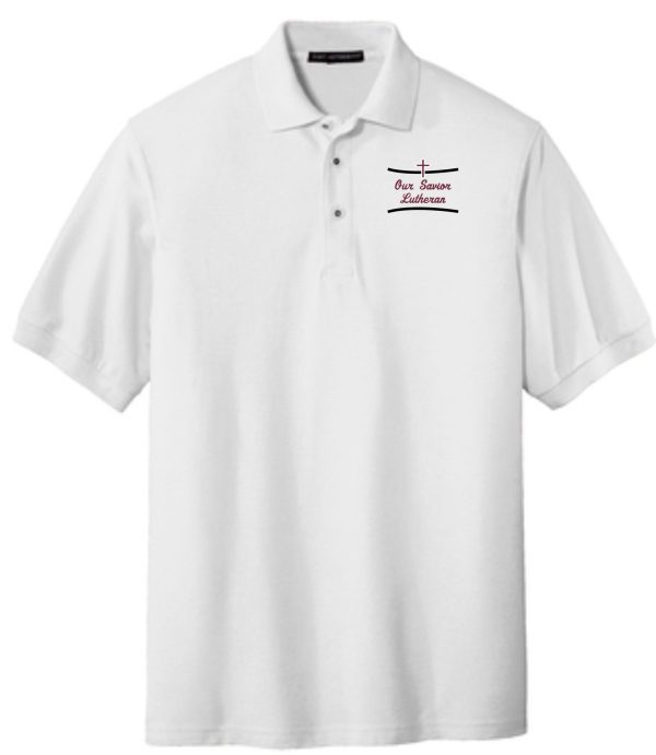 OSLS embroidered white school polo K500 with black embroidery on the left chest featuring the text "our savior lutheran.