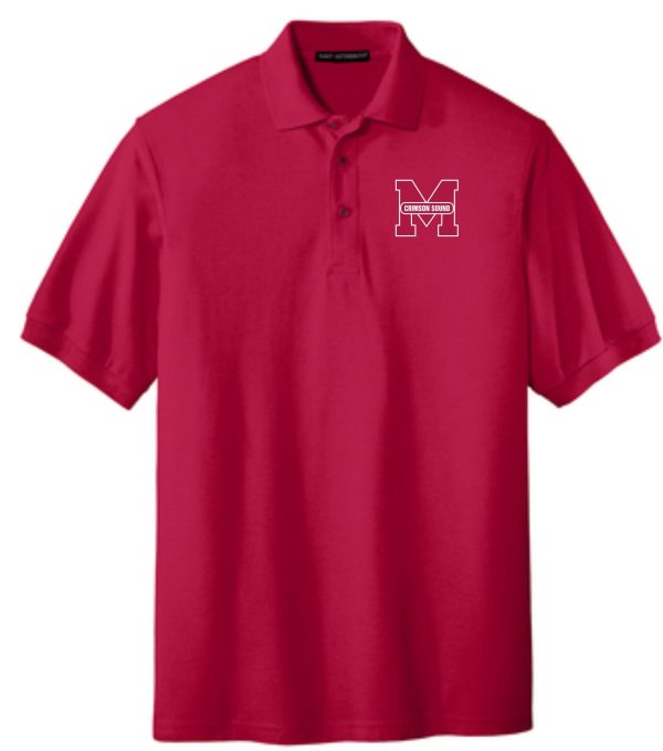 Manual Marching Band K500 red collared standard polo with a small white emblem on the left chest, displayed on a plain background.