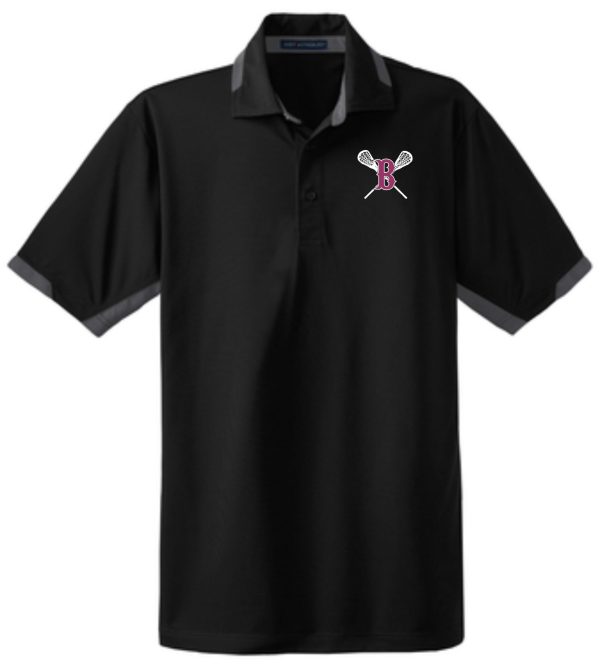 Ballard LAX Dry Zone Moisture wicking polo K524 with a small white and pink letter 'b' intertwined with a tennis racket and ball embroidered on the left chest area.