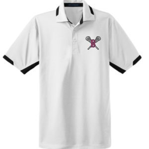 Ballard LAX Dry Zone Moisture wicking polo K524 with black trim on sleeves and collar, featuring a small pink and gray butterfly logo on the left chest area.