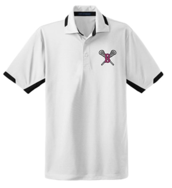 Ballard LAX Dry Zone Moisture wicking polo K524 with black trim on sleeves and collar, featuring a small pink and gray butterfly logo on the left chest area.