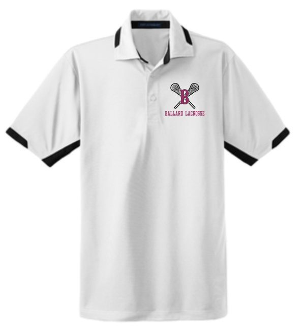 Ballard Lacrosse Dry Zone Moisture wicking polo K524 with a pink and black lacrosse stick motif on the left chest.