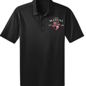 Black polo shirt with Catalyst logo.