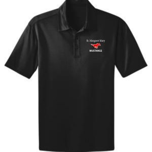 St Margaret Mary Black Moisture wicking polo K540 with the "st. margaret mary mustangs" logo and text embroidered on the left chest.