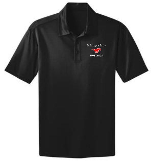 St Margaret Mary Black Moisture wicking polo K540 with the "st. margaret mary mustangs" logo and text embroidered on the left chest.