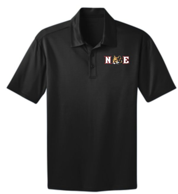 Black polo shirt with N & E logo.