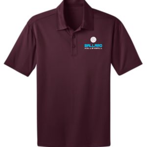 A Ballard Volleyball spirit Maroon Mens polo K540 with the "ballard volleyball" logo embroidered on the left chest.