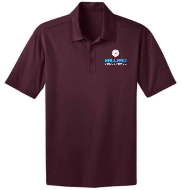 A Ballard Volleyball spirit Maroon Mens polo K540 with the "ballard volleyball" logo embroidered on the left chest.