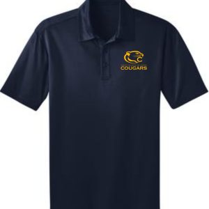 St Francis Mens Navy Moisture wicking polo K540 with a "cougars" logo featuring a stylized cougar head in gold on the upper left chest area.