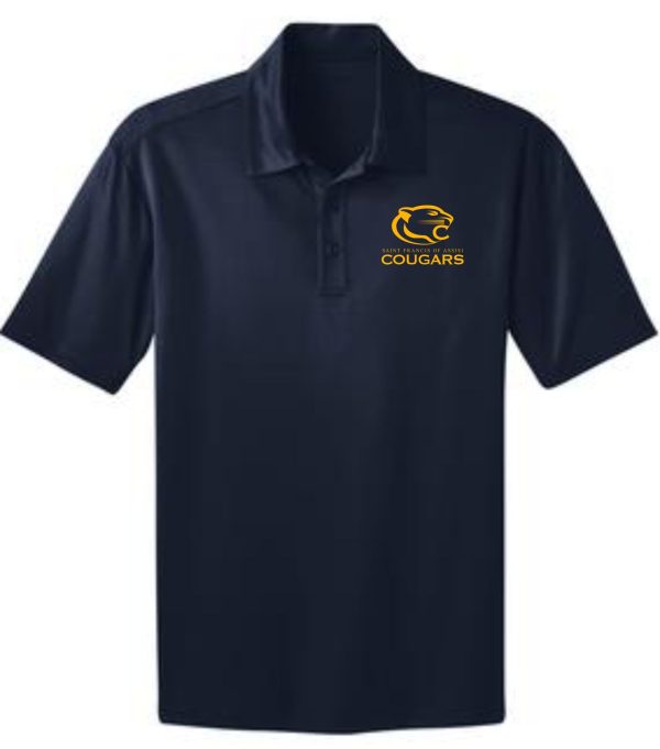 St Francis Mens Navy Moisture wicking polo K540 with a "cougars" logo featuring a stylized cougar head in gold on the upper left chest area.