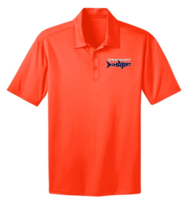 A vivid orange Springhurst Sharks Mens moisture wicking polo shirt featuring the logo "springhurst sharks" embroidered on the upper left chest area.