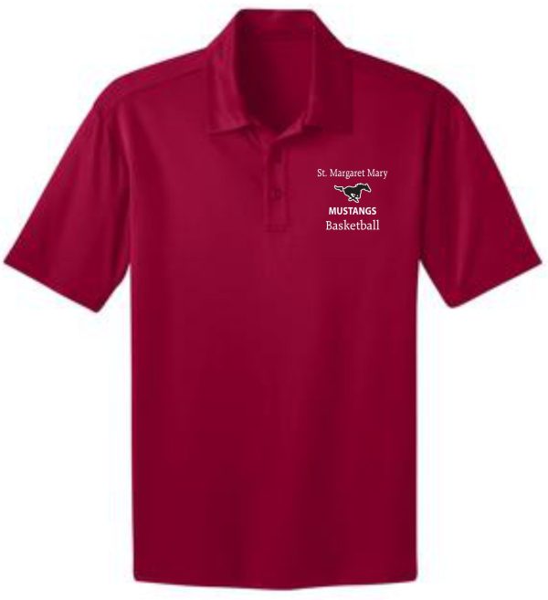 Red St Margaret Mary Basketball Moisture wicking polo K540 with "st. margaret mary mustangs basketball" printed on the left chest area.