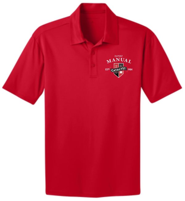 Red polo shirt with Dupont Manual logo.