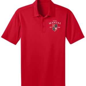 Red polo shirt with Dupont Manual logo.