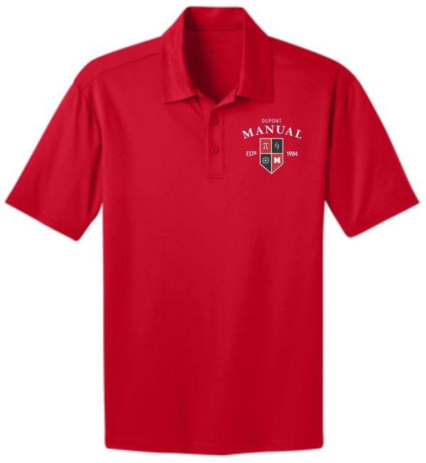 Red polo shirt with Dupont Manual logo.