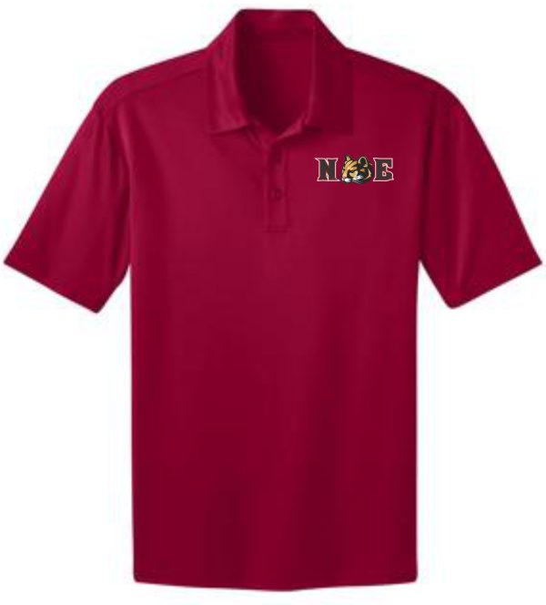 Red polo shirt with NOSE logo.