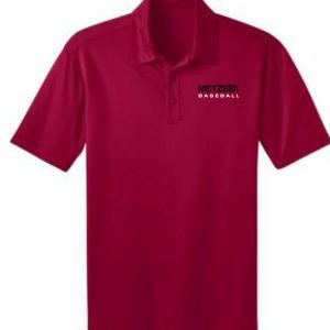 Maroon polo shirt with the text "Meyzeek Baseball" embroidered in white on the chest.