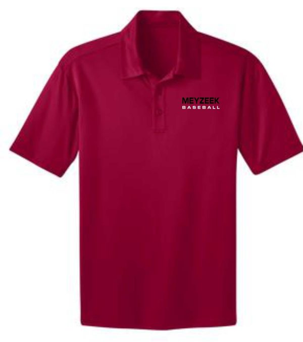 Maroon polo shirt with the text "Meyzeek Baseball" embroidered in white on the chest.