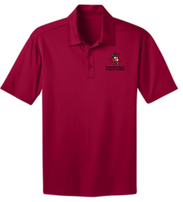 Immaculata Mens Red embroidered polo K540 with "immaculata elementary academy" and school logo embroidered on the left chest.