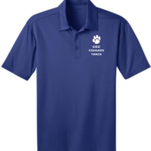 CEC Track Mens embroidered polo K540 featuring a white logo of a paw print and the text 'cec cougars track' on the left chest area.